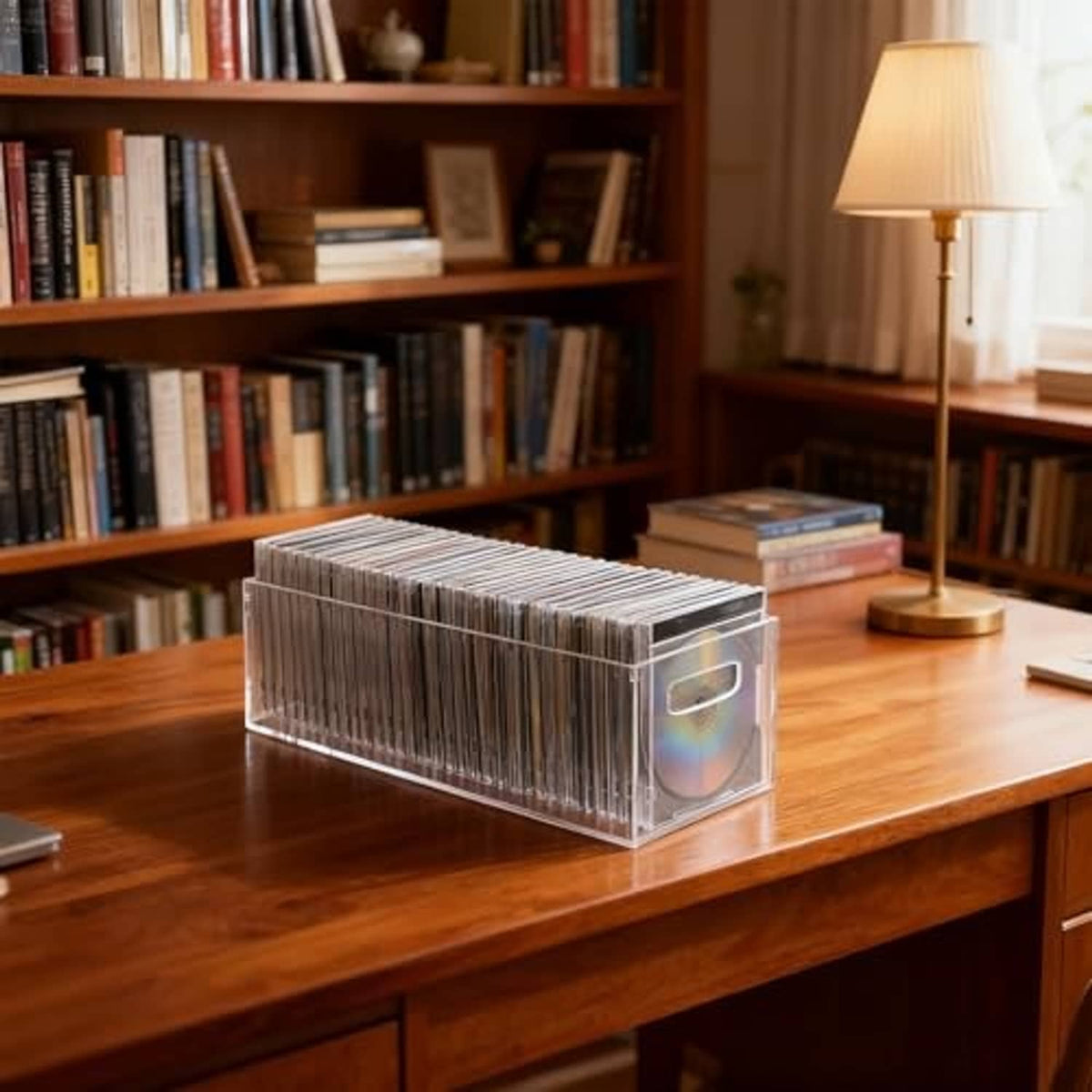 Clear acrylic DVD/CD storage case with gray dividers and side carry handle