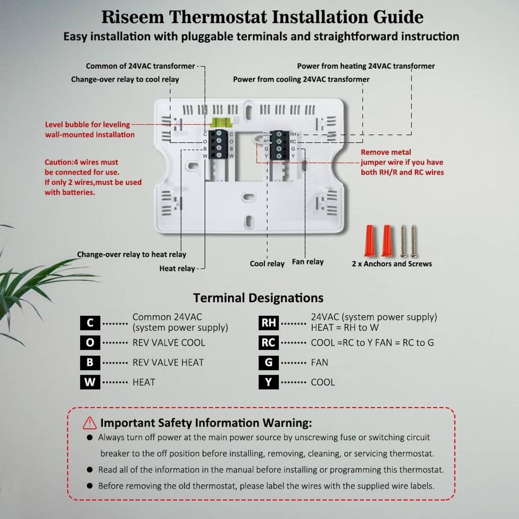 Thermostat installation guide diagram showing terminal connections and wire labels