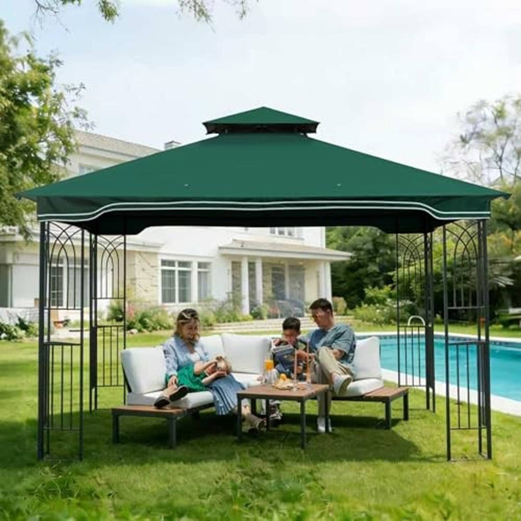 Forest green gazebo canopy over seating area with decorative trim along roof edge