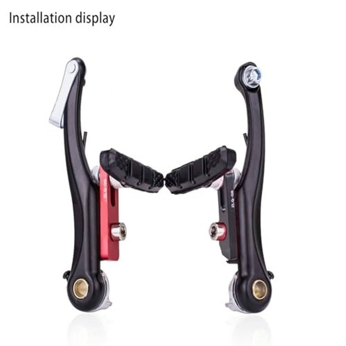 Bicycle V-brake calipers shown installed on front wheel brake setup