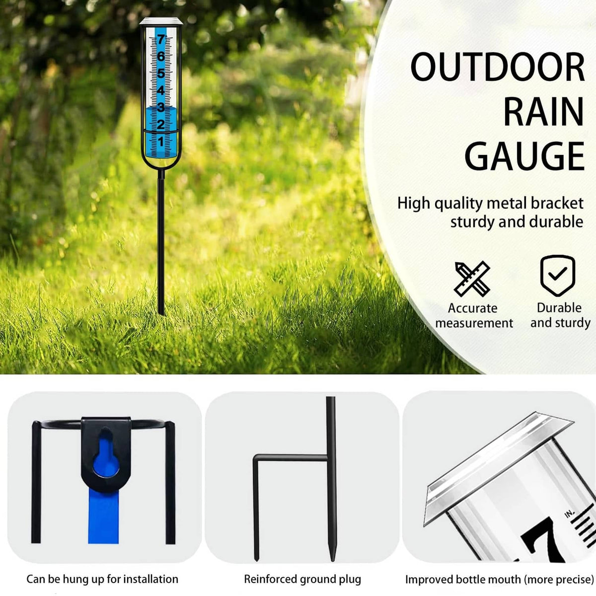 Outdoor rain gauge on black metal bracket stake with blue graduated measuring tube