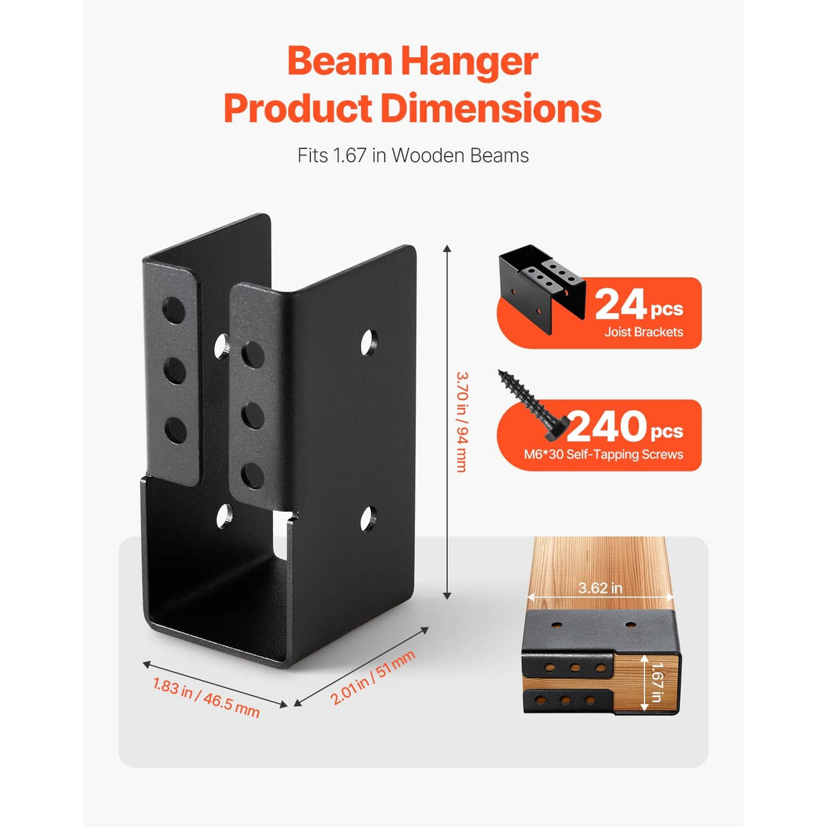 Concealed beam joist hanger bracket set, dark gray steel with side mounting holes