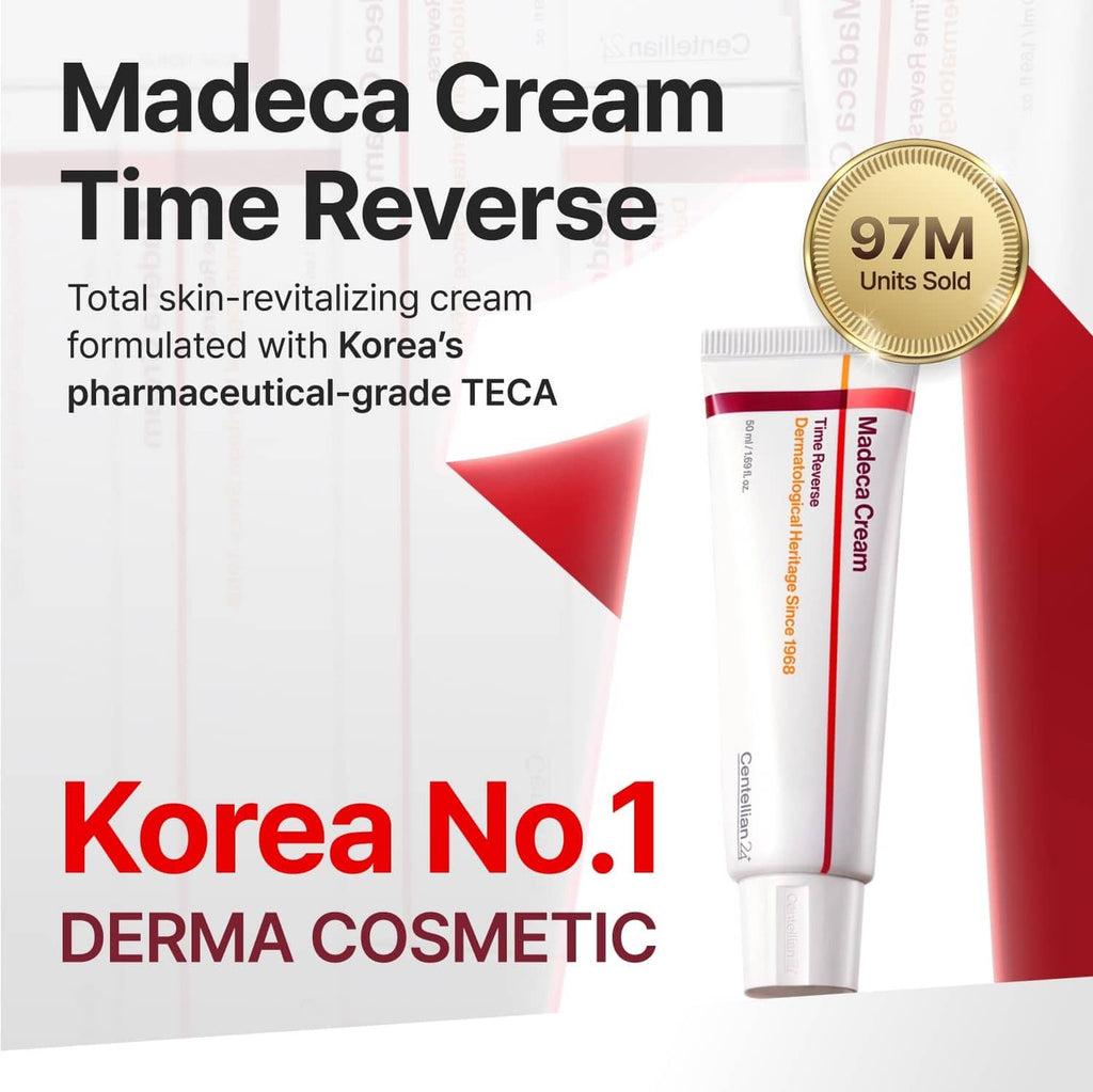 White Madeca Cream Time Reverse tube with badge on skincare marketing panel