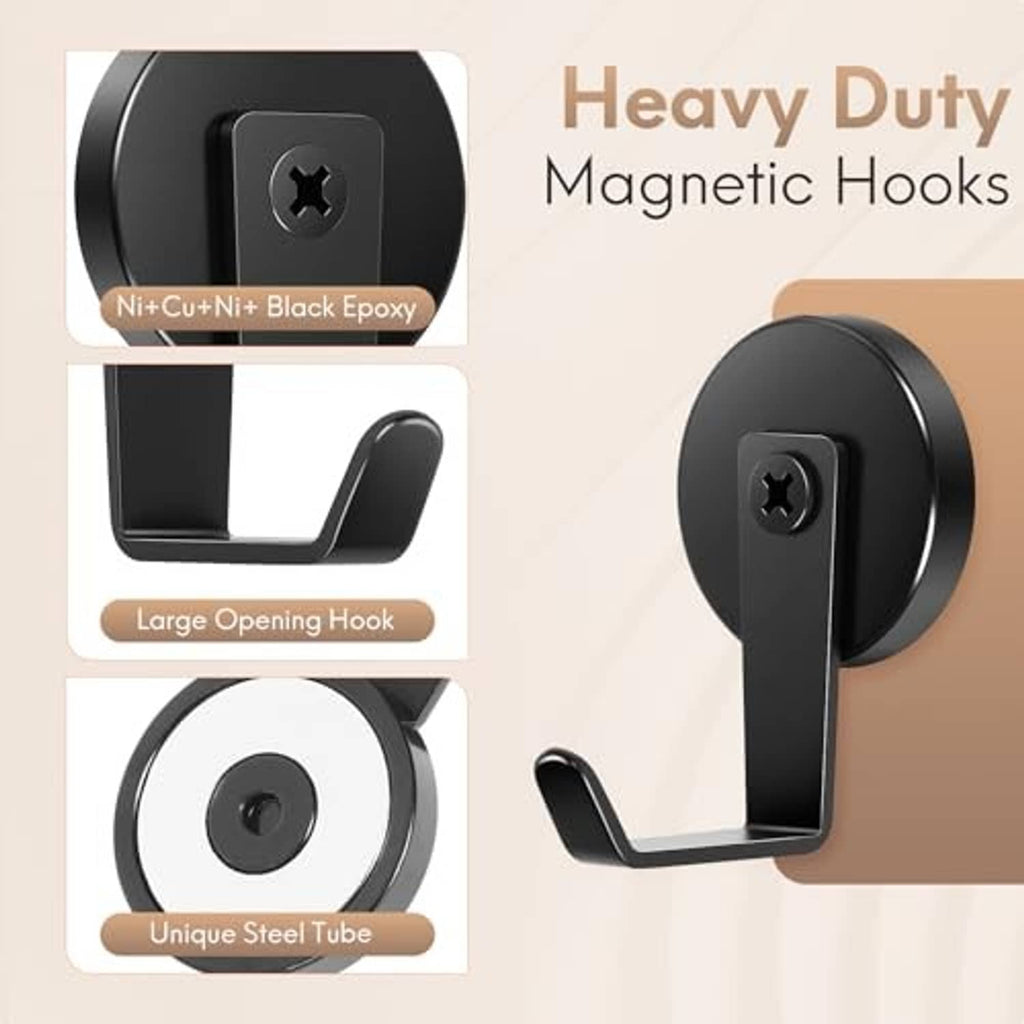 Black heavy-duty magnetic hook with circular magnet and wide open hanging slot