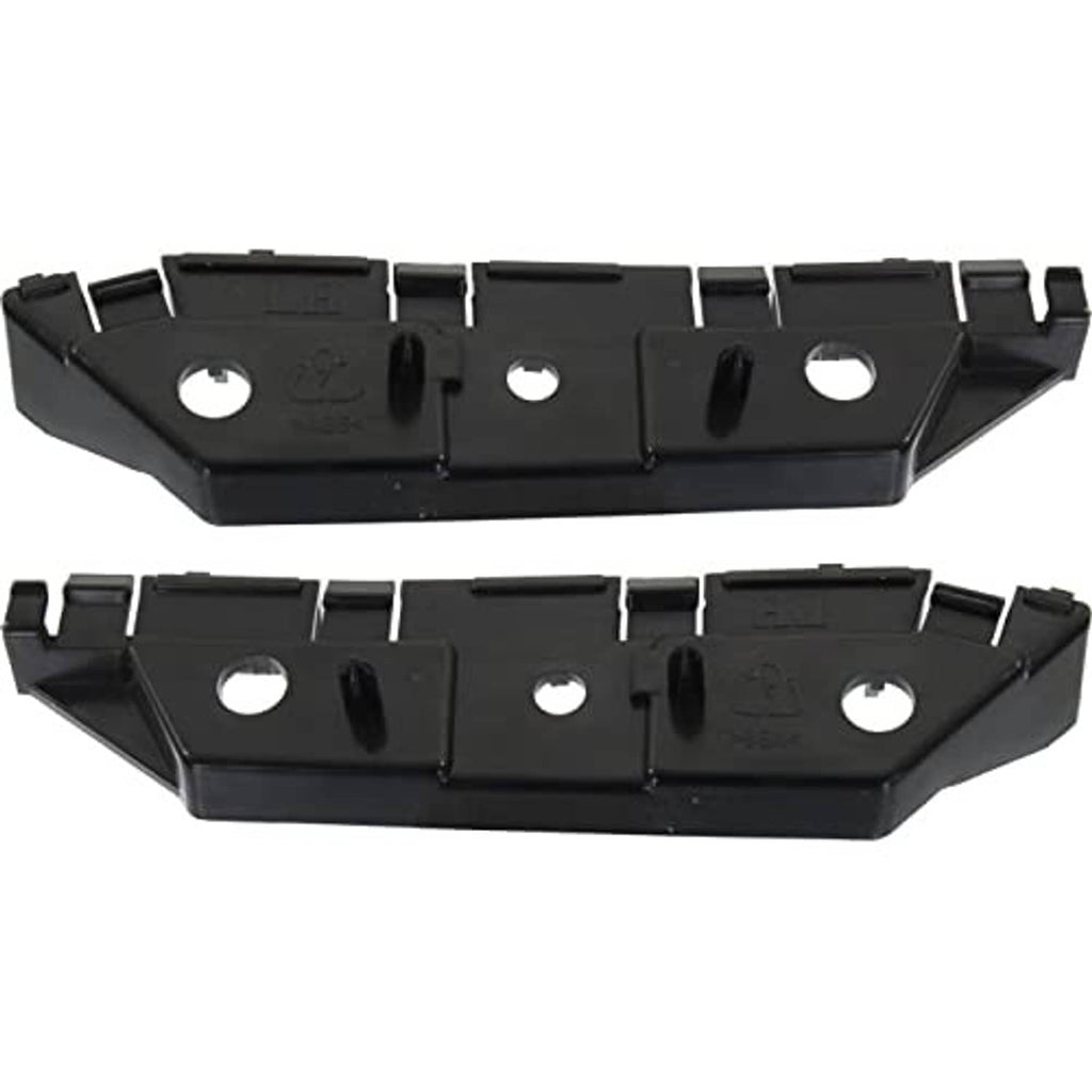 Two black plastic bumper retainer side brackets with oval and round holes