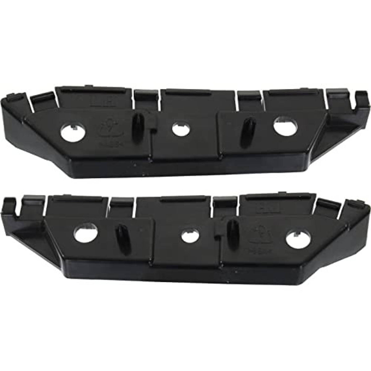 Two black plastic bumper retainer side brackets with oval and round holes