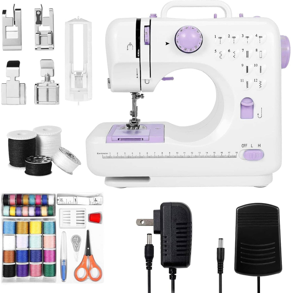 Purple mini portable sewing machine with stitch dial and clear measurement ruler
