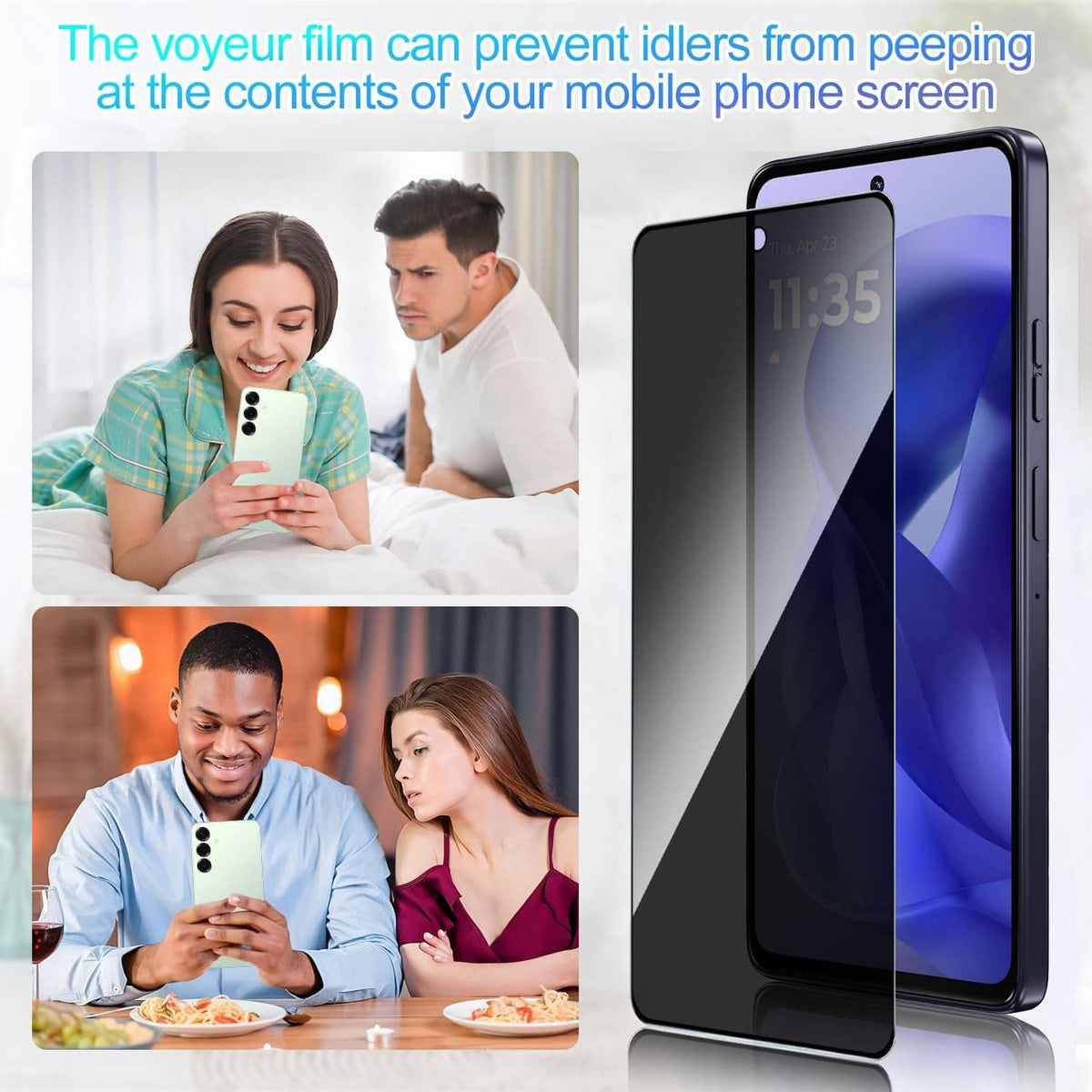 Privacy screen protector glass films on phone display, limiting side viewing