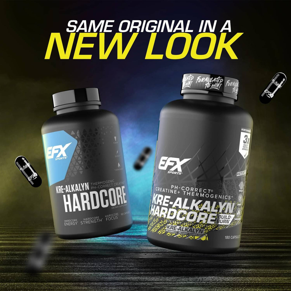 EFX Kre-Alkalyn Hardcore supplement bottle front and side views