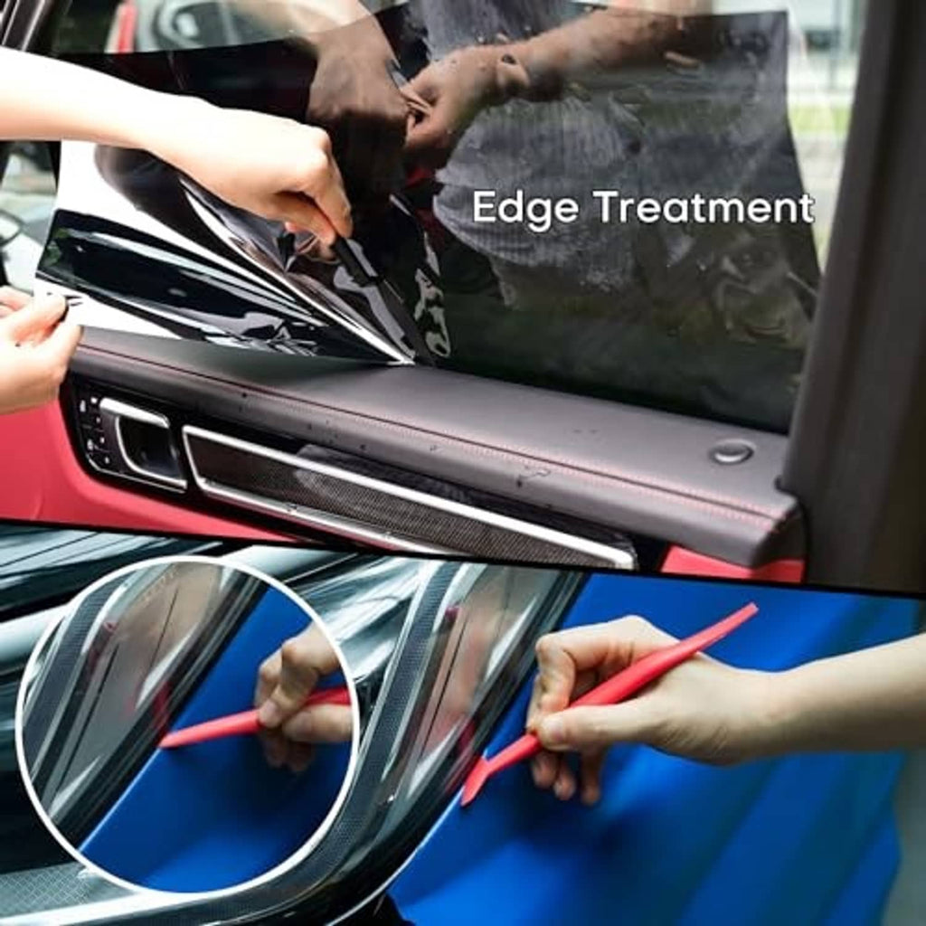 Hand smoothing vinyl wrap film along car door edge with squeegee