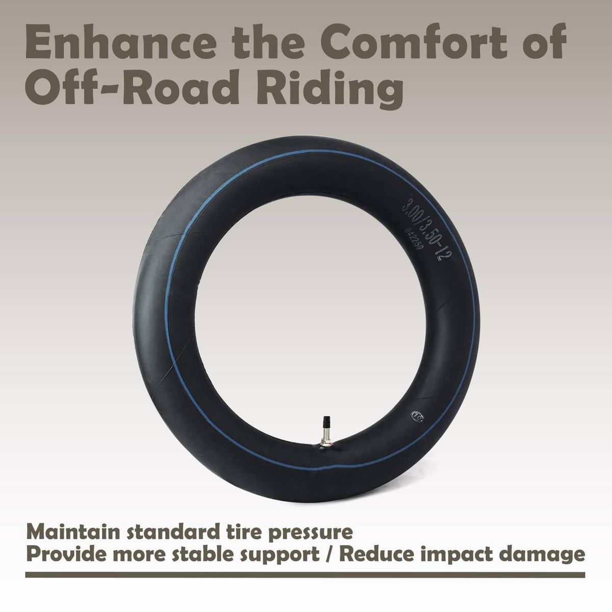 Black 12-inch rear inner tube with blue stripe and visible valve stem