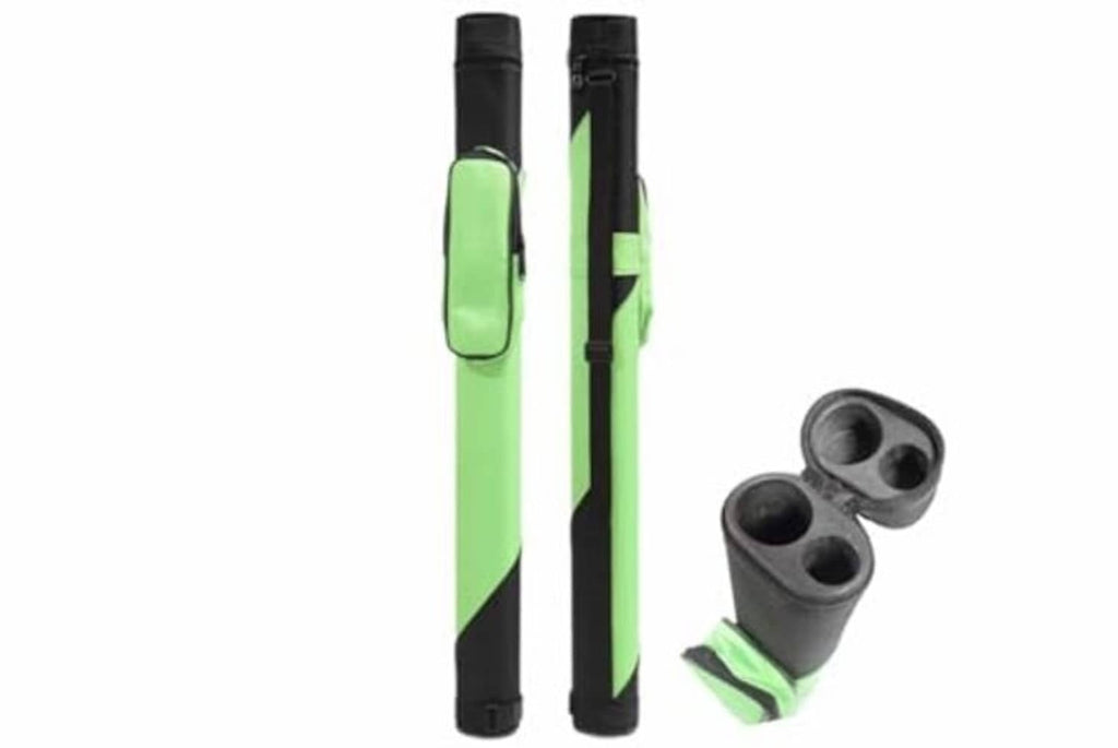 Hard pool cue carrying case, green and black with end caps and three holders