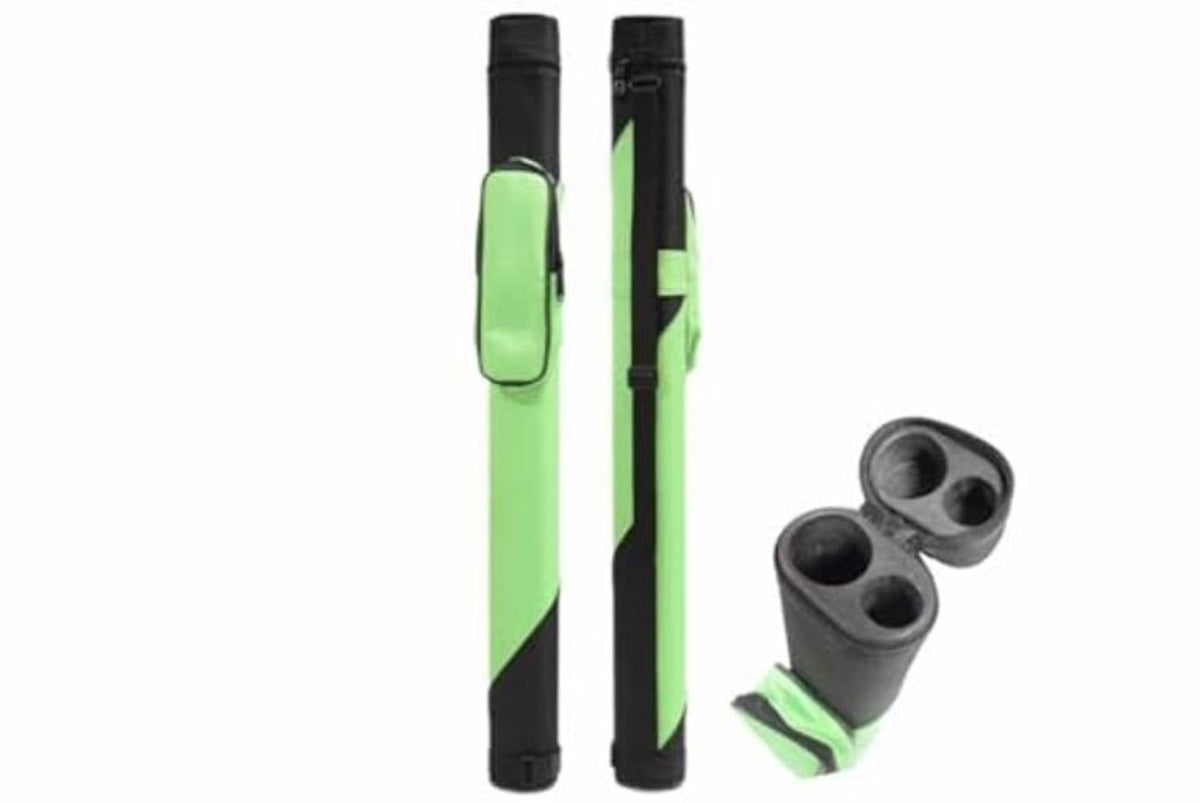 Hard pool cue carrying case, green and black with end caps and three holders