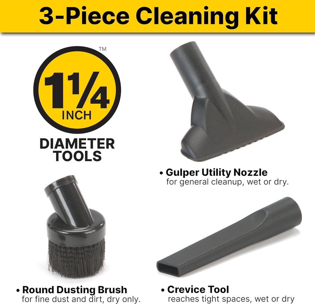 3-piece vacuum cleaning kit with gulper utility nozzle, round dusting brush, and crevice tool.