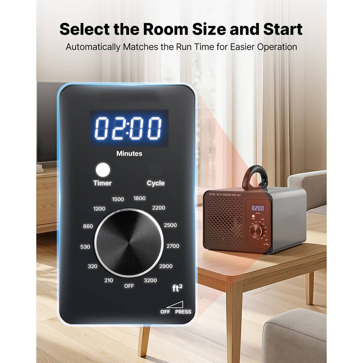 Ozone generator machine with control panel timer and selectable cycle dial