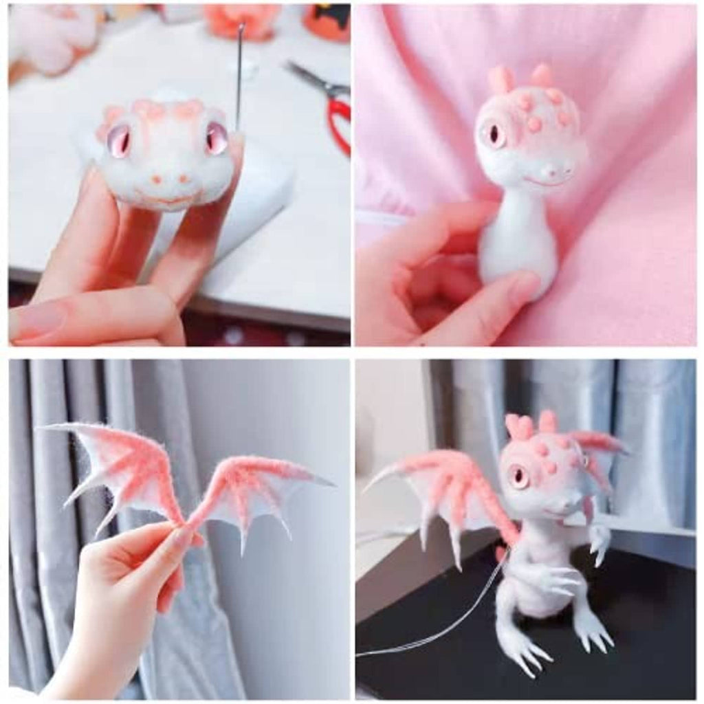 Needle felting in progress: pink dragon figure with wings and felting needle