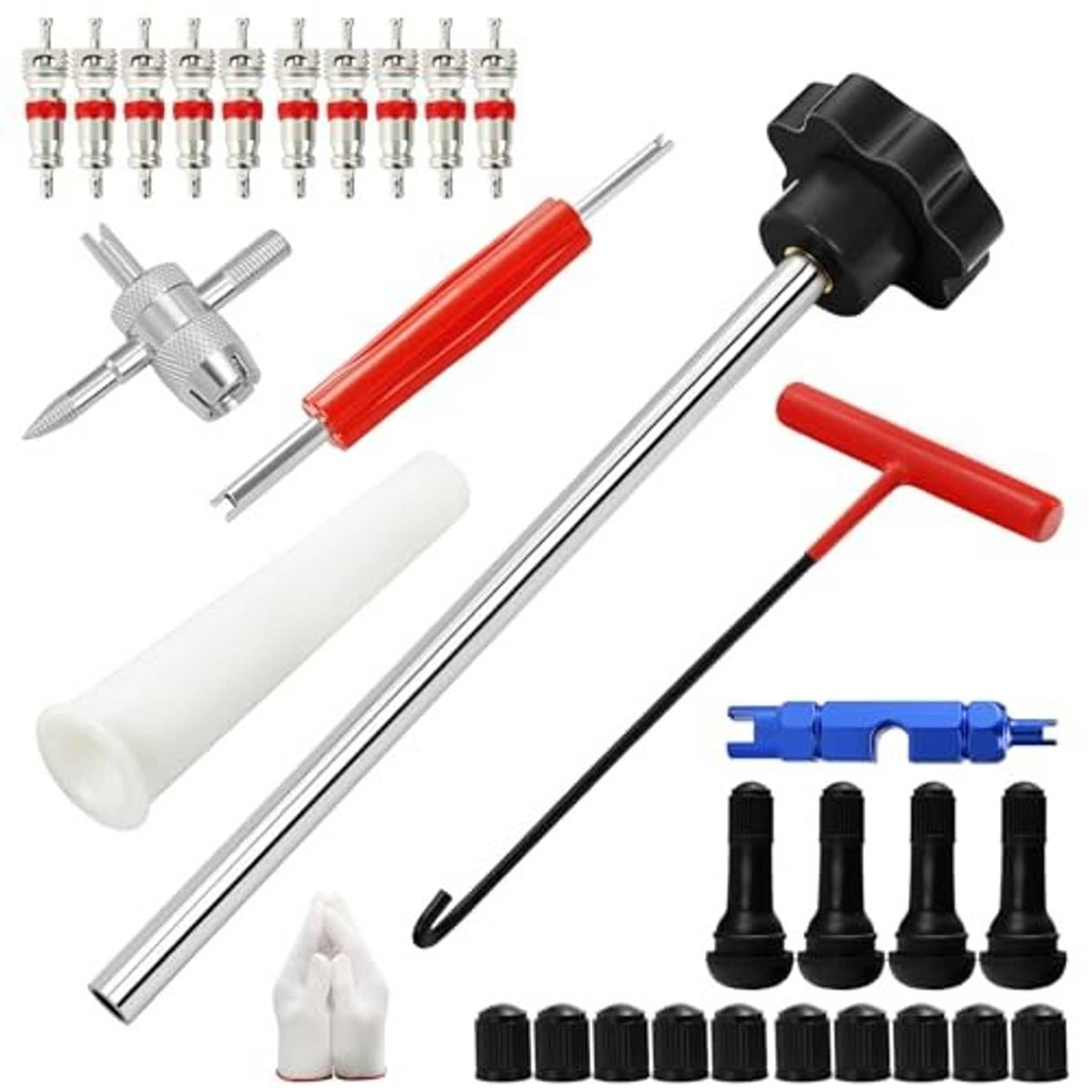 Valve stem removal and installation tool kit with metal push rod, handles, and valve caps