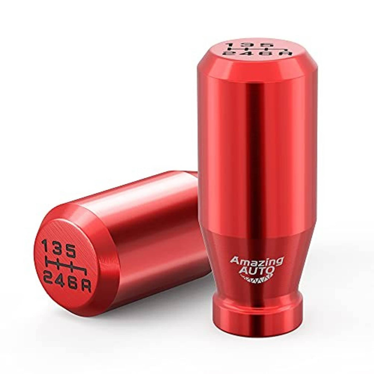 Red gear shift knob pair with top and side 6-speed markings and logo