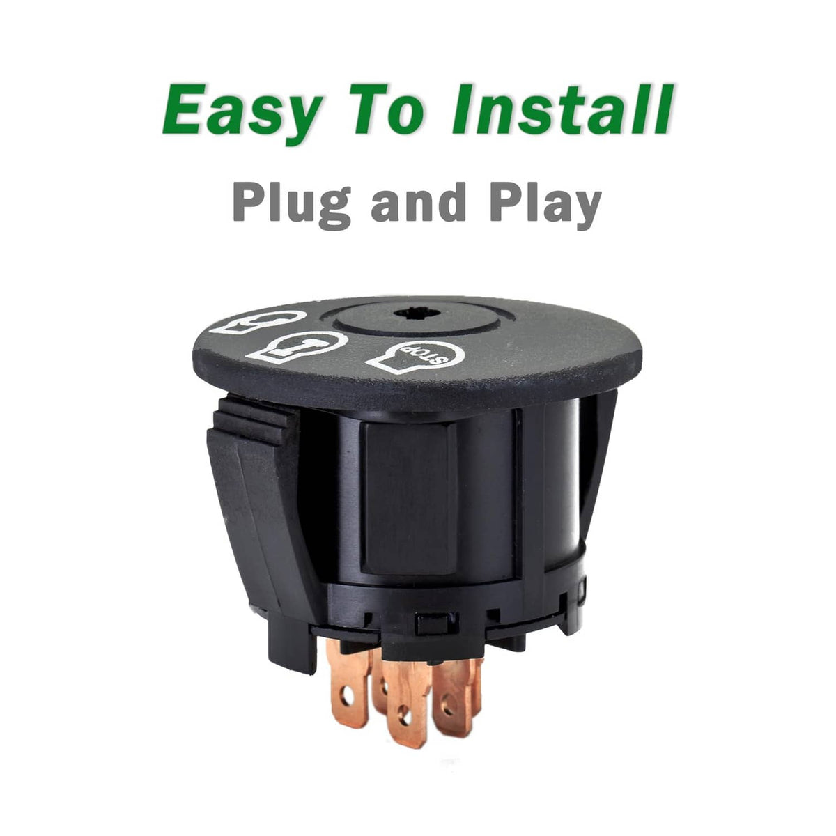 Lawn mower ignition starter switch with black housing and exposed brass terminals
