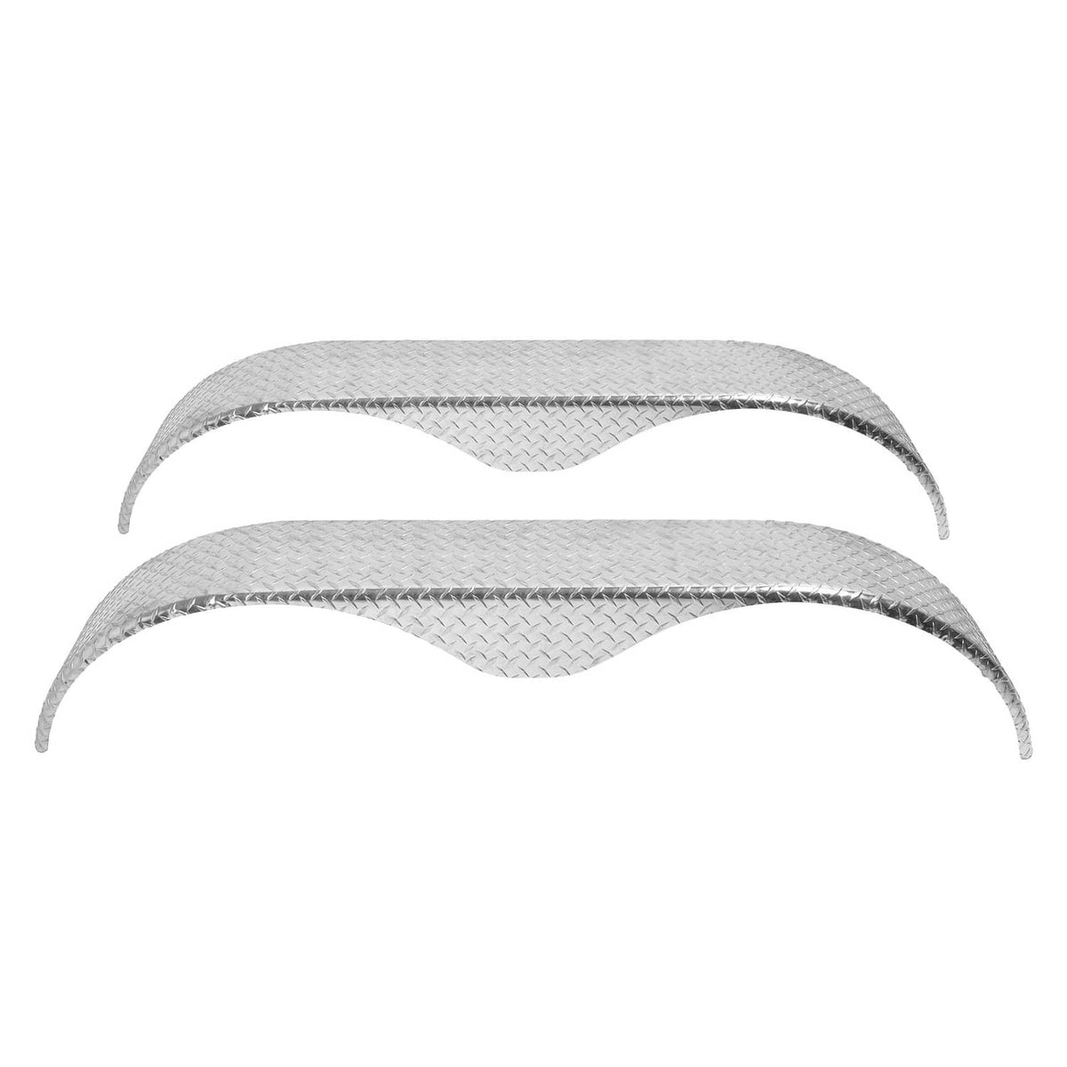 Two silver teardrop tread plate trailer fenders with curved wavy centers