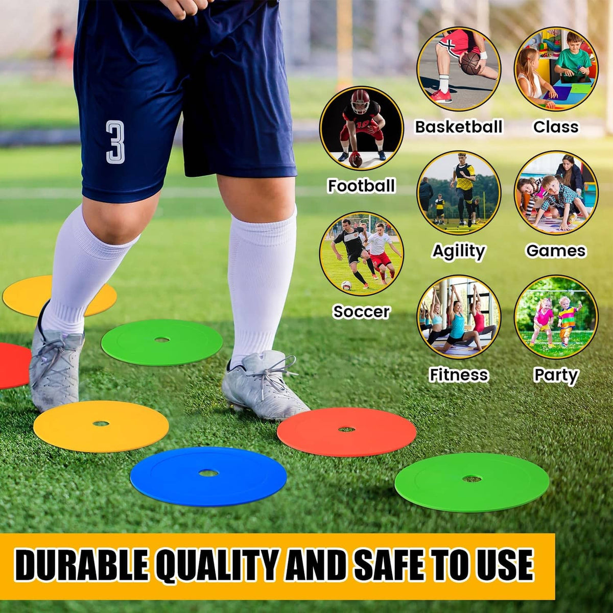 Assorted colorful flat soccer agility markers with round center holes