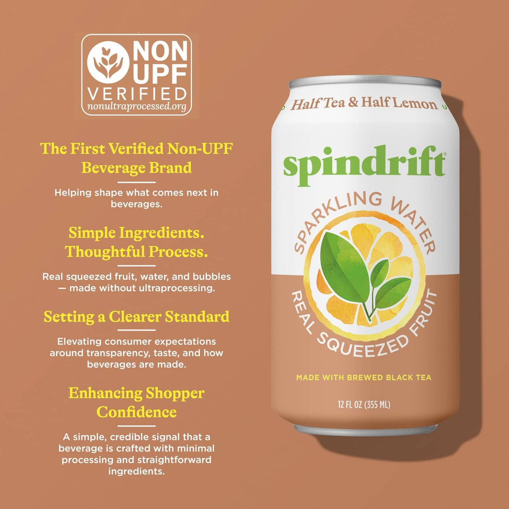 Half tea & half lemonade sparkling water can with NON-UPF verified badge