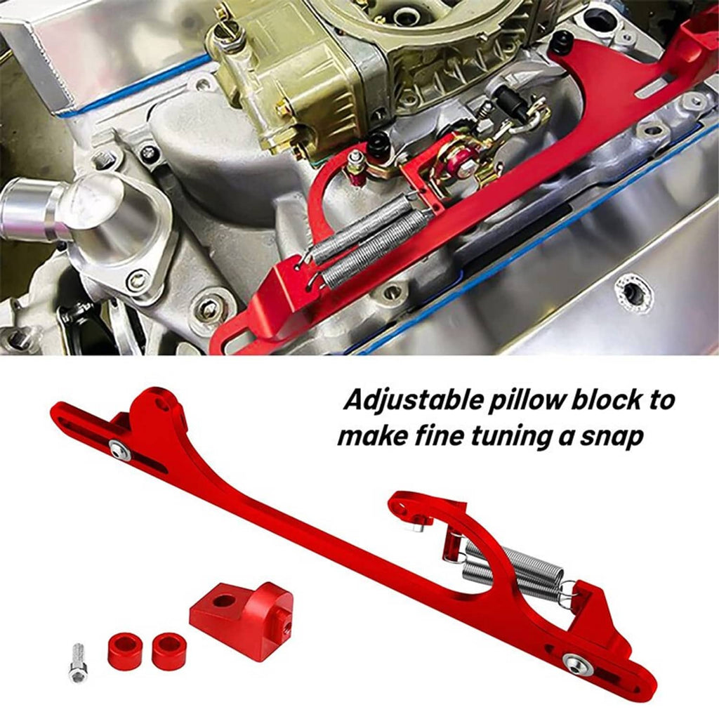 Red throttle cable bracket installed on a carburetor engine bay
