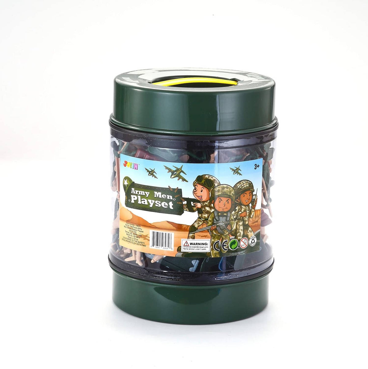 Green storage bucket with an Army Men Playset label and plastic soldier figures inside