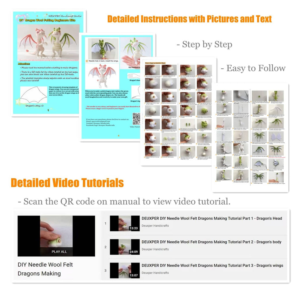 Needle felting instructions booklet with step-by-step photos for felt dragon making