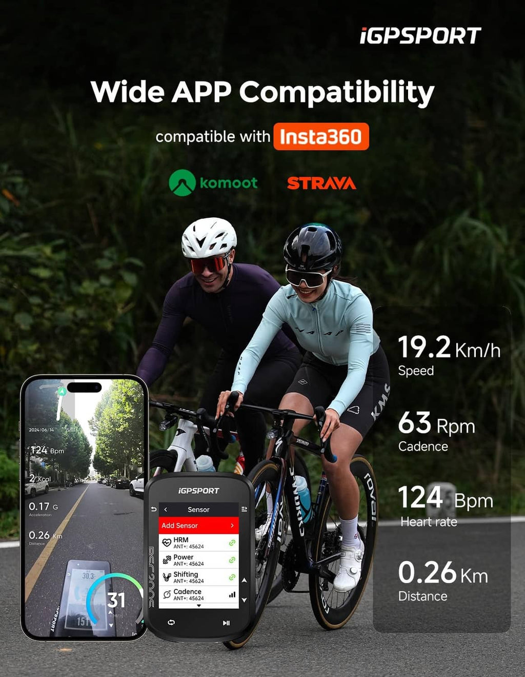 GPS bike computer screen with speed, cadence, heart rate; app screens on phones