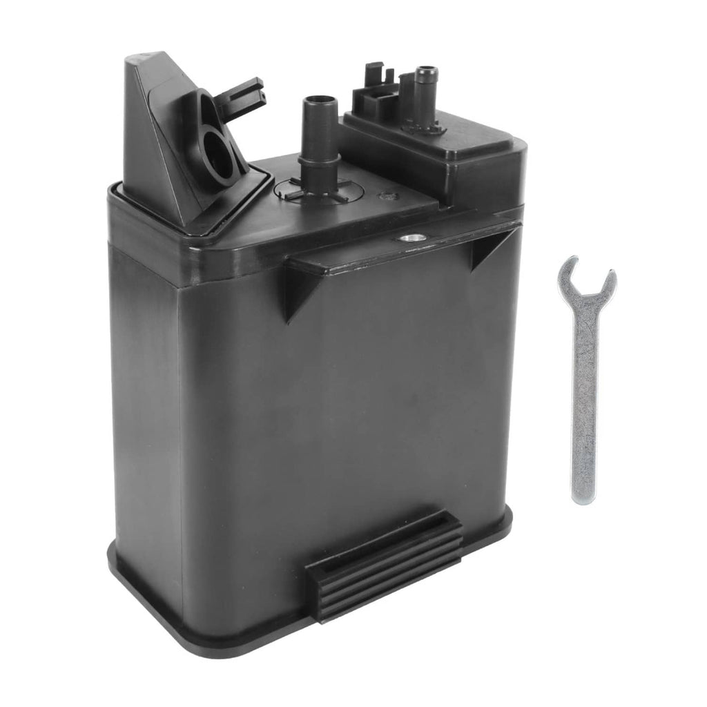 Black plastic fuel vapor charcoal canister with two mounting posts and vent fitting