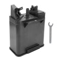 Black plastic fuel vapor charcoal canister with two mounting posts and vent fitting