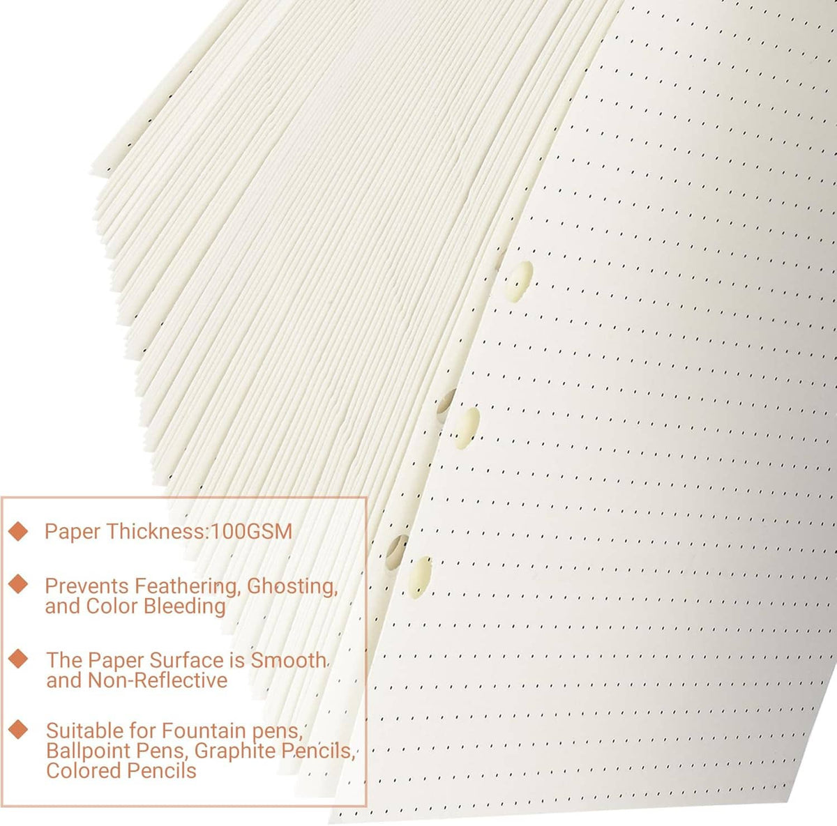 Thick A5 dot grid refill paper stack, cream-white dotted pages, 6-hole punch section