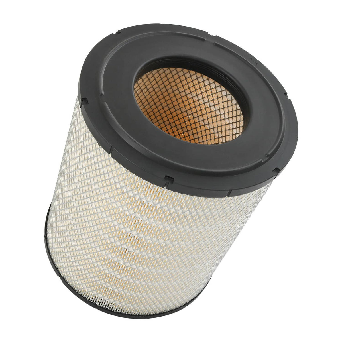 Air filter cartridge with circular top grille opening, pleated white media, black rim