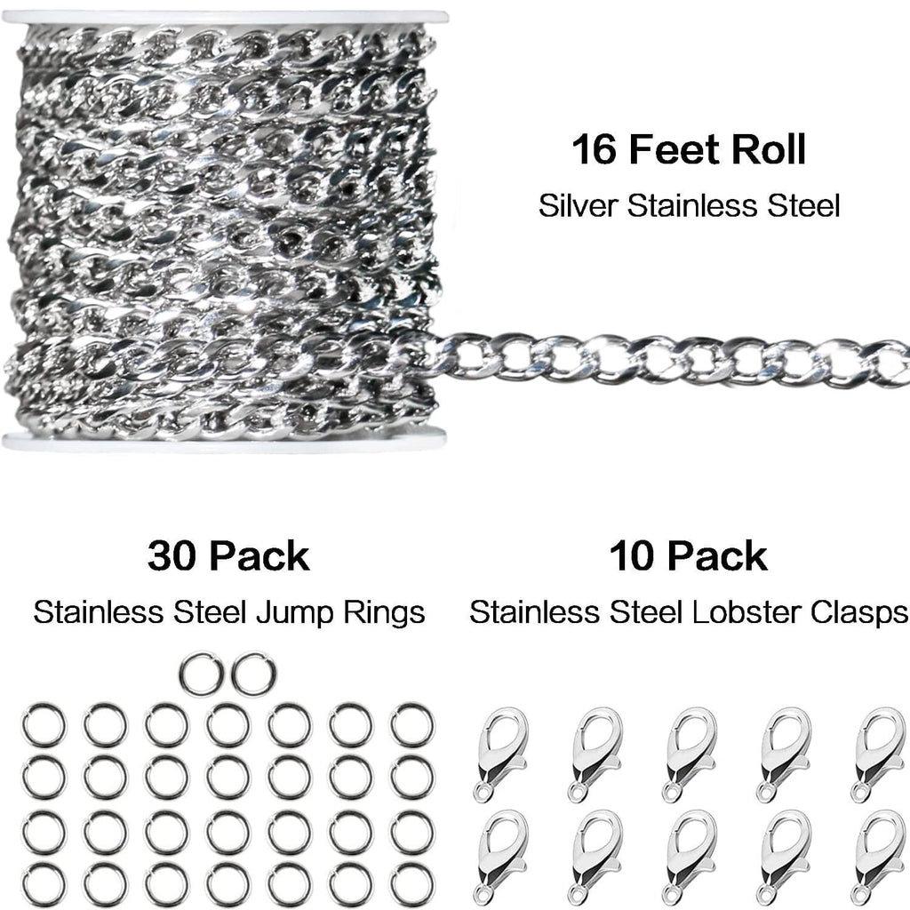 Silver chain roll with Cuban links, plus stainless steel jump rings and lobster clasps