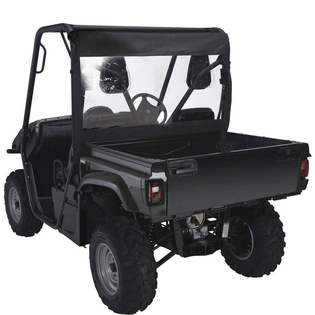Soft UTV rear windshield for cargo bed, black frame with clear window