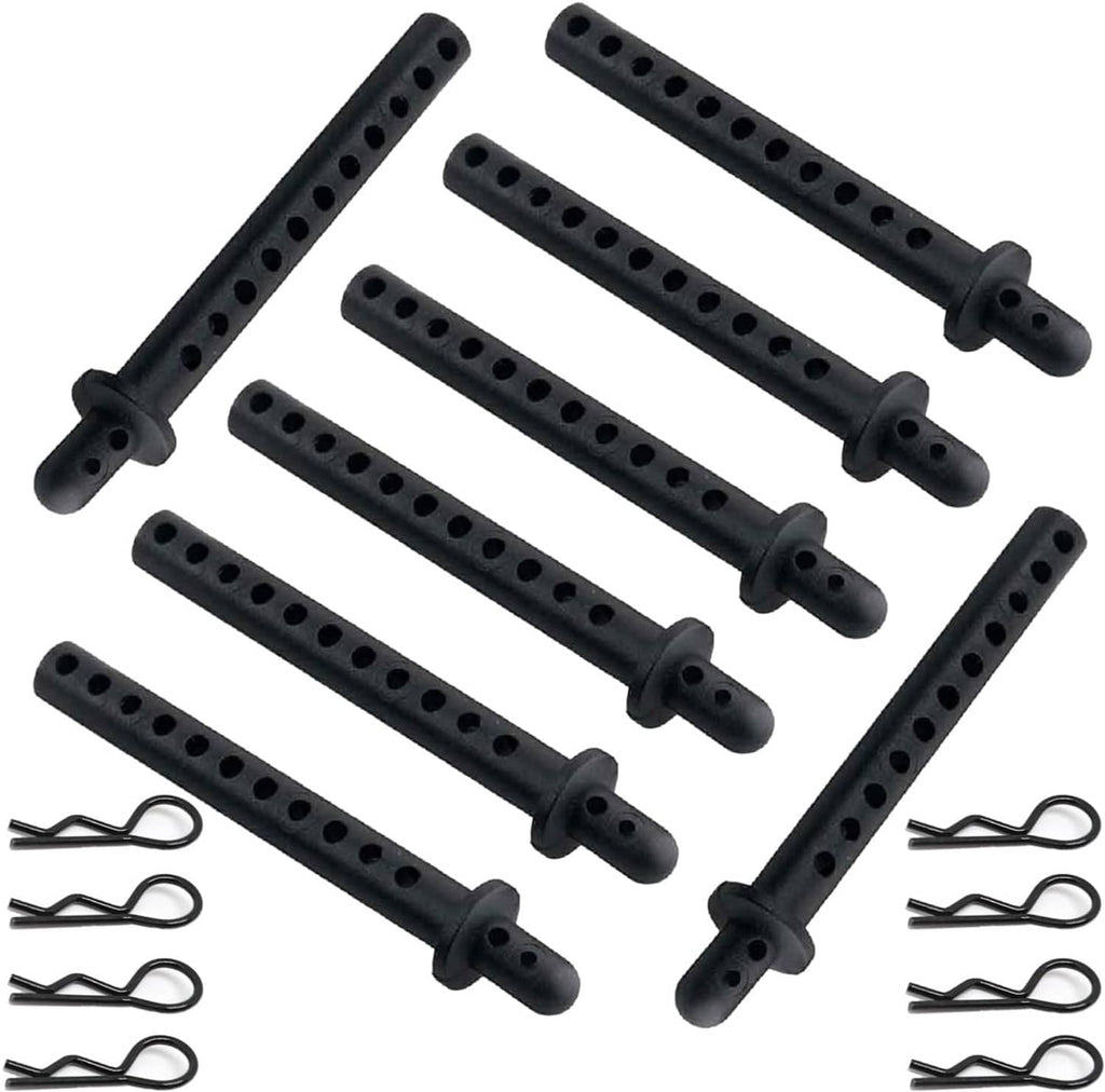 Set of black RC car body shell post mounts with peg holes and metal clips