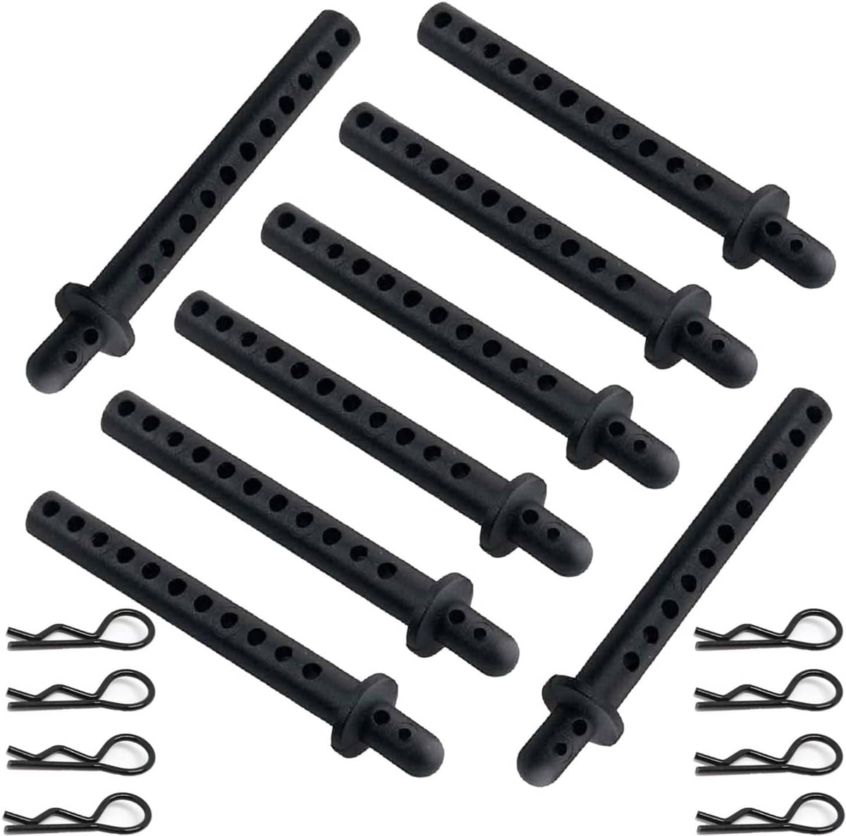 Set of black RC car body shell post mounts with peg holes and metal clips