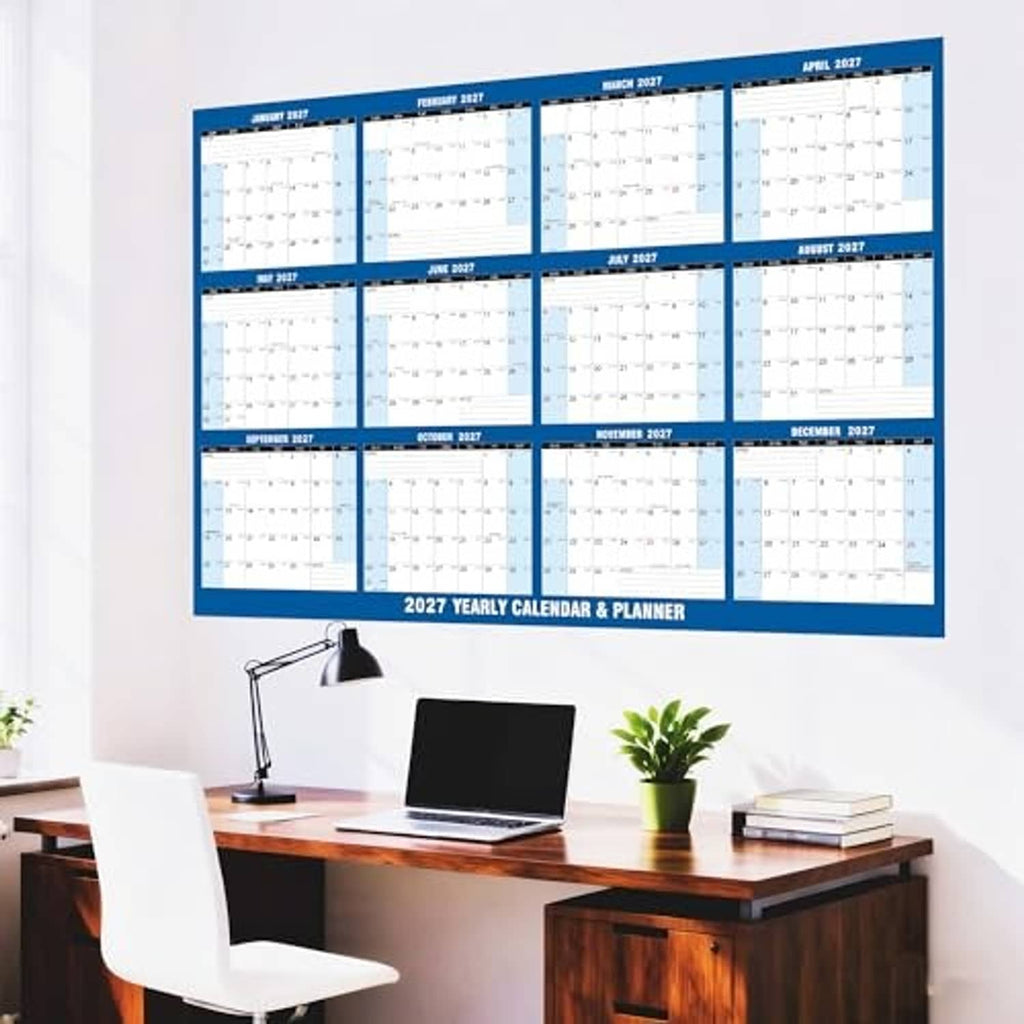 Blue 2027 yearly wall calendar & planner with monthly grid, hanging design