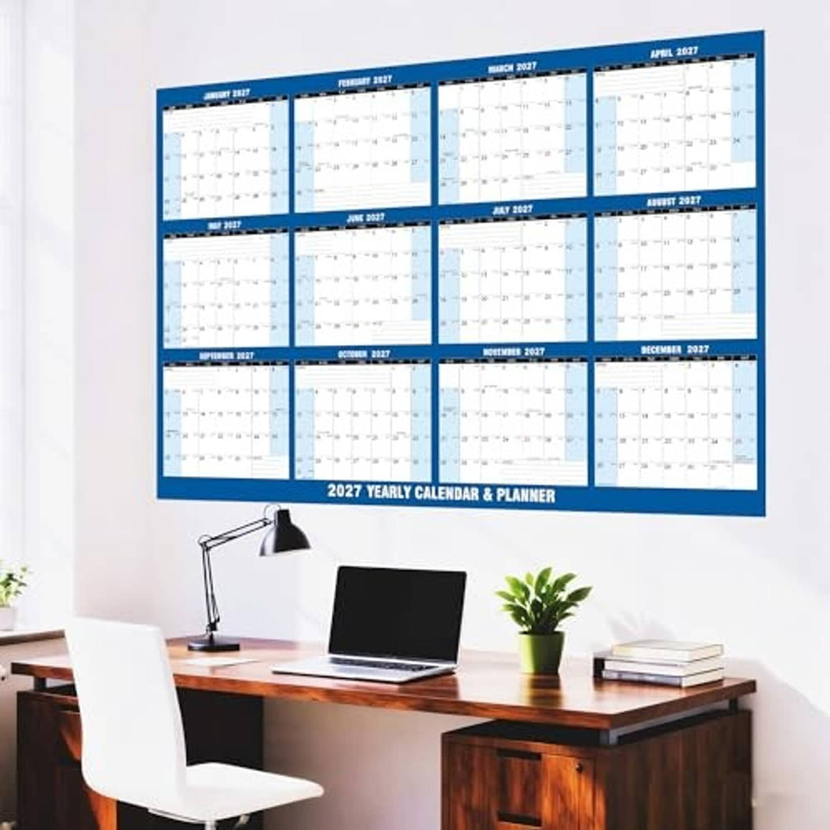 Blue 2027 yearly wall calendar & planner with monthly grid, hanging design