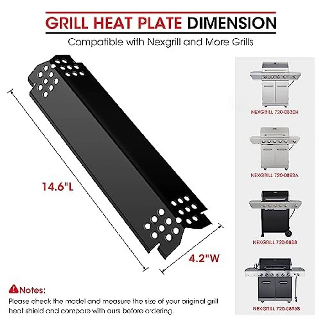 Long black grill heat plate with perforated burner holes and mounting tabs