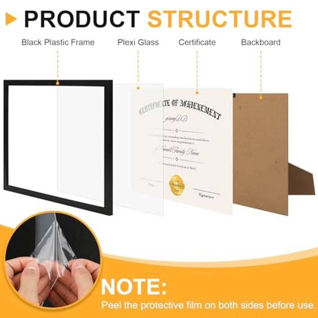 Black plastic certificate frame with plexi glass, certificate insert, and backboard parts