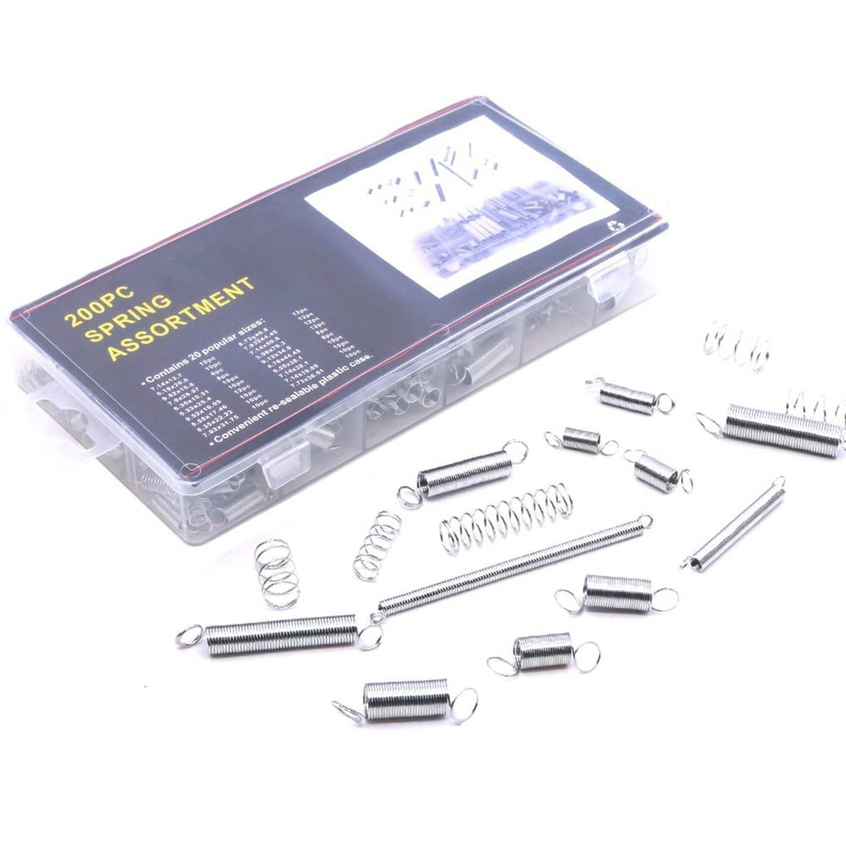 200-piece zinc-plated spring assortment case with mixed threaded rods and springs