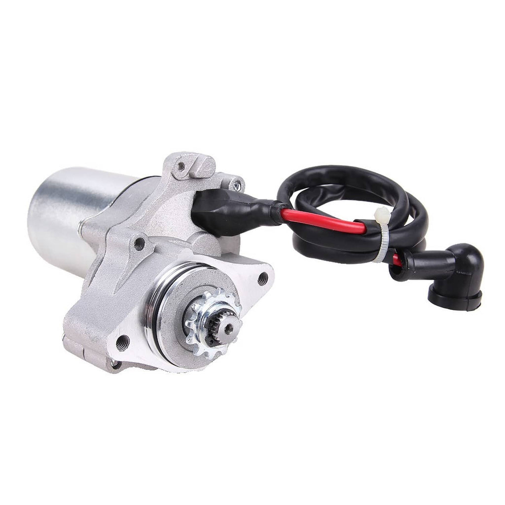 ATV starter motor with wiring harness and red/black leads, silver front housing