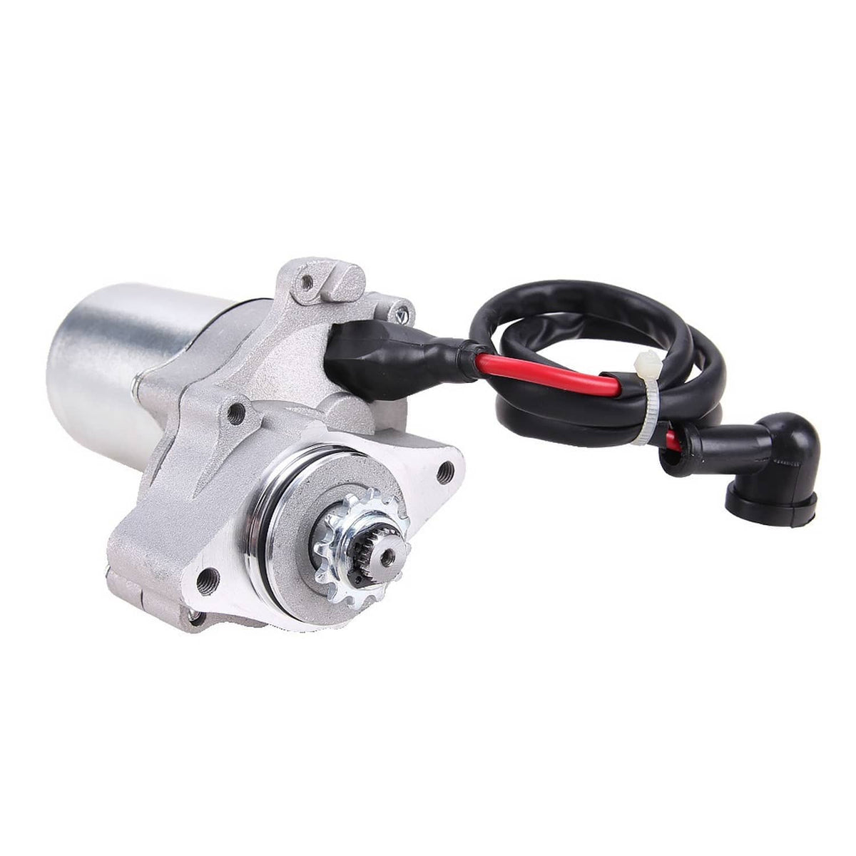 ATV starter motor with wiring harness and red/black leads, silver front housing