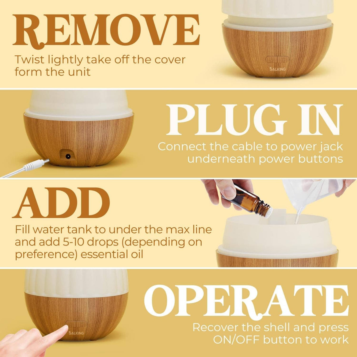 Wood-and-white essential oil diffuser with removable cover and power-cable access