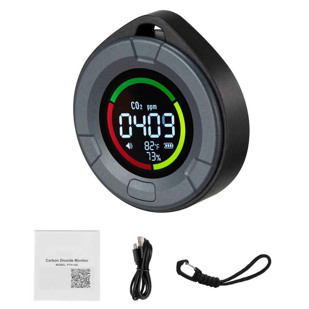 Carbon dioxide monitor and controller with round gray body and CO2 display screen