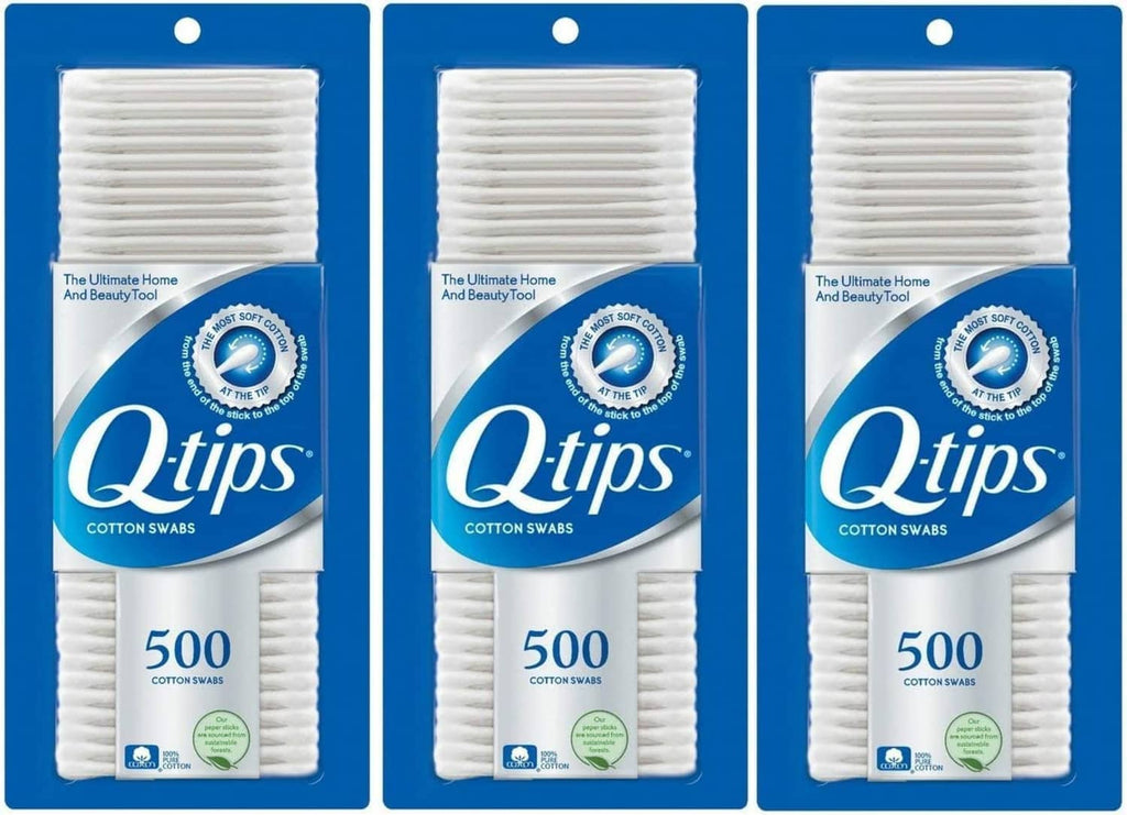 Q-tips cotton swabs 500-count packs, three items in the set