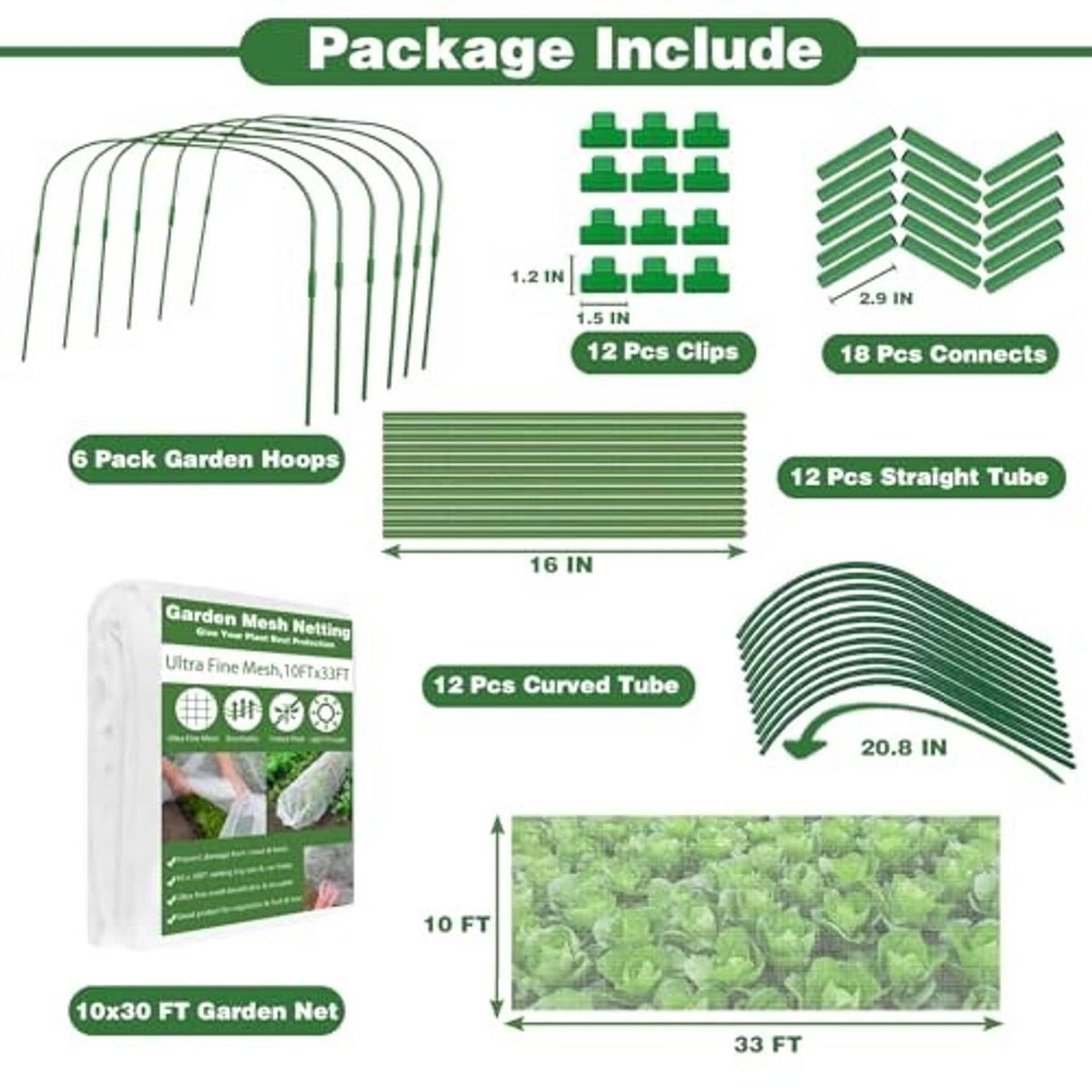 Garden netting kit components: curved hoops, straight tubes, mesh panels, and clips