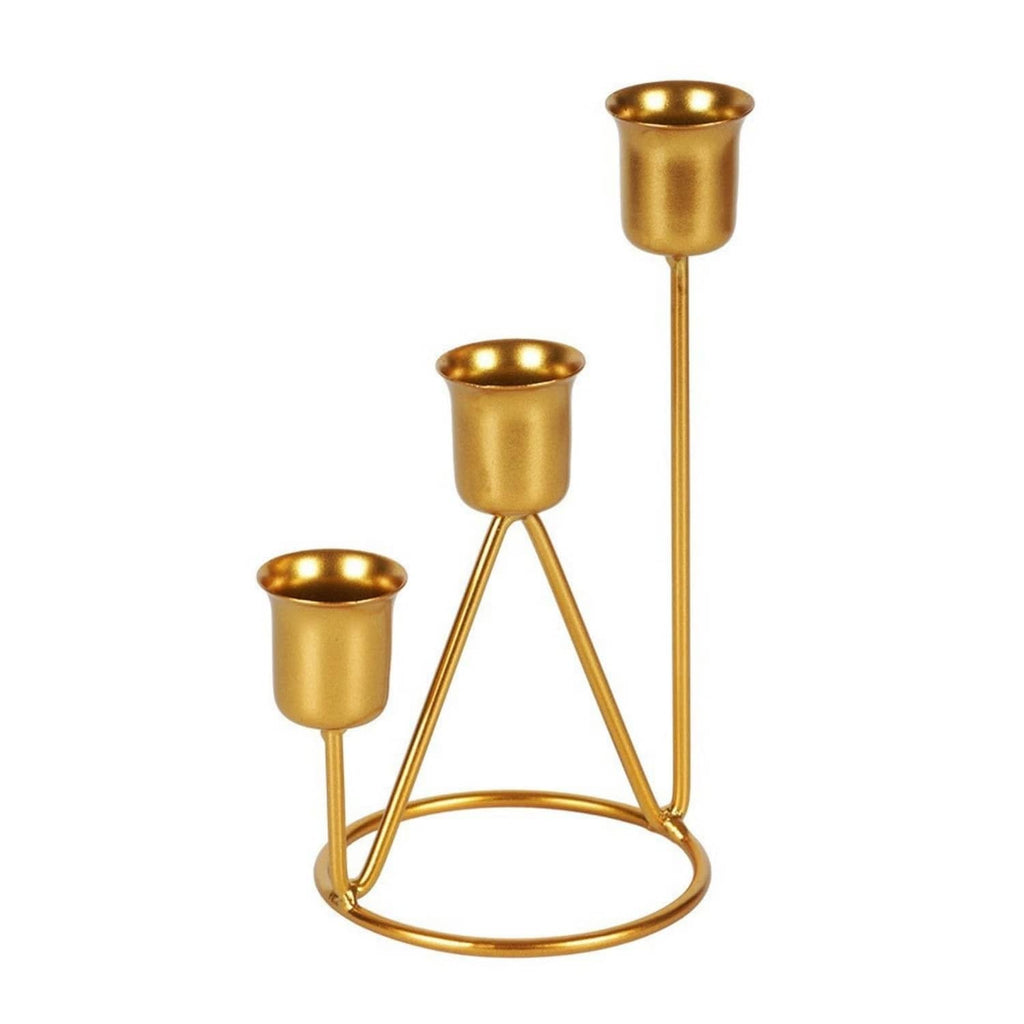 Gold iron three-cup candle holder with round base and three tapered cup openings